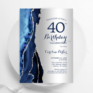 Silver Navy Blue Agate 40th Birthday Invitation