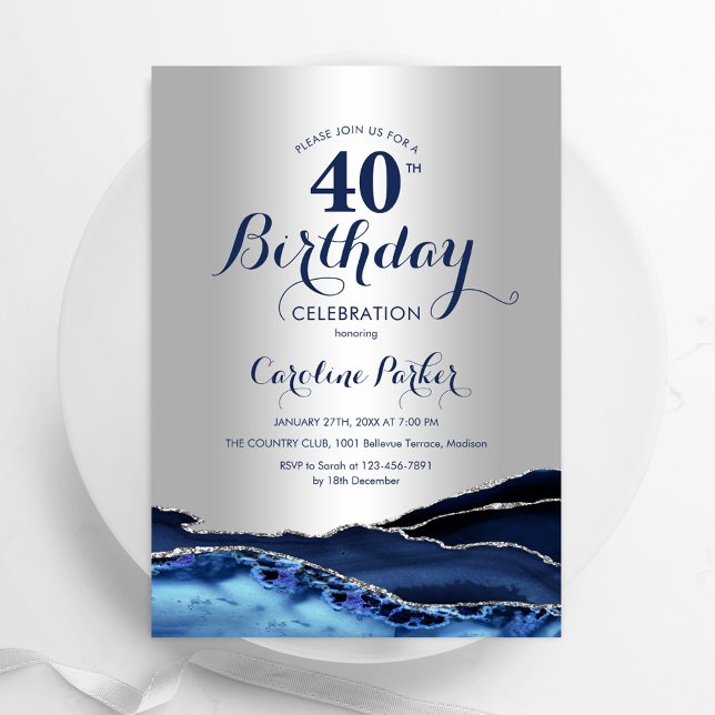 Silver Navy Blue Agate 40th Birthday Invitation (Creator Uploaded)