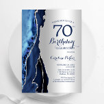 Silver Navy Blue Agate 70th Birthday Invitation<br><div class="desc">Navy blue and silver agate 70th birthday party invitation. Elegant modern design featuring royal blue watercolor agate marble geode background,  faux glitter silver and typography script font. Trendy invite card perfect for a stylish women's bday celebration. Printed Zazzle invitations or instant download digital printable template.</div>