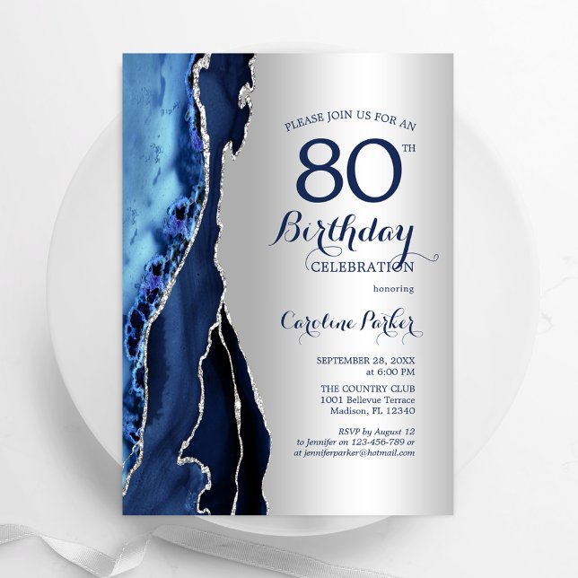 Silver Navy Blue Agate 80th Birthday Invitation (Creator Uploaded)