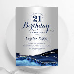 Silver Navy Blue Agate Marble 21st Birthday Invitation<br><div class="desc">Navy blue and silver agate 21st birthday party invitation. Elegant modern design featuring royal blue watercolor agate marble geode background,  faux glitter silver and typography script font. Trendy invite card perfect for a stylish women's bday celebration. Printed Zazzle invitations or instant download digital printable template.</div>