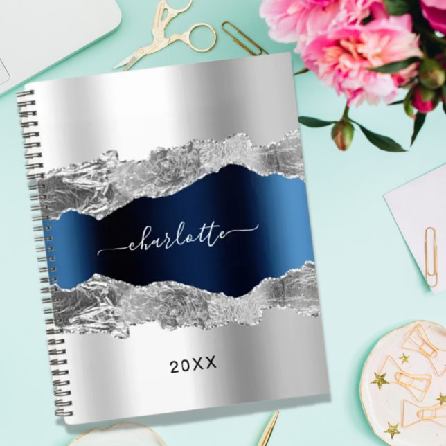 Silver navy blue agate marble name elegant 2026 planner (Creator Uploaded)