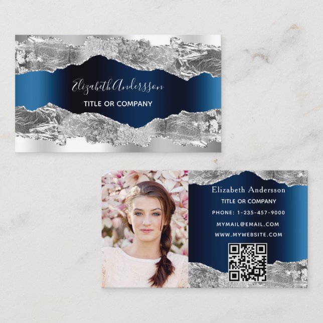 Silver navy blue agate marble QR code photo Business Card (Front/Back)