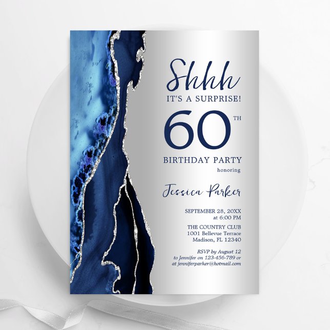Silver Navy Blue Agate Surprise 60th Birthday Invitation (Creator Uploaded)