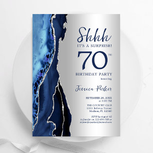 Silver Navy Blue Agate Surprise 70th Birthday Invitation
