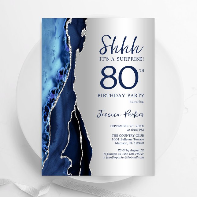 Silver Navy Blue Agate Surprise 80th Birthday Invitation (Creator Uploaded)