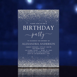 Silver Navy Blue Any Age Birthday Modern Glitter Invitation