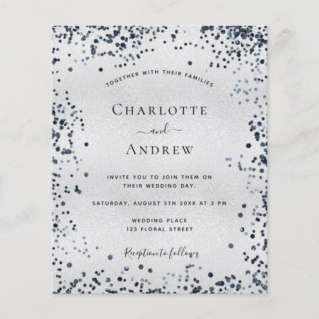Silver navy blue budget wedding invitation flyer (Front)