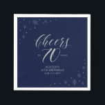 Silver & Navy Blue Cheers 70th Birthday Party Napkin<br><div class="desc">Add detail to your 70th birthday party with this personalised paper napkin. This design features chic silver typography and sparkle graphics on a dark navy blue background. You can customise the text and background colour. Matching invitations and party supplies are available at my shop BaraBomDesign.</div>