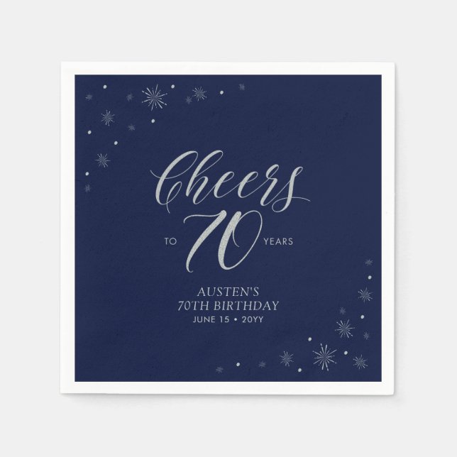 Silver & Navy Blue Cheers 70th Birthday Party Napkin (Front)