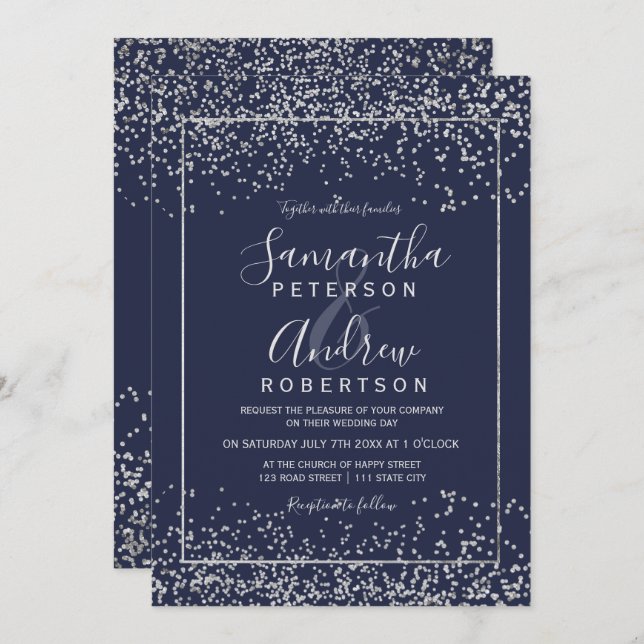 Silver navy blue confetti typography wedding invitation (Front/Back)