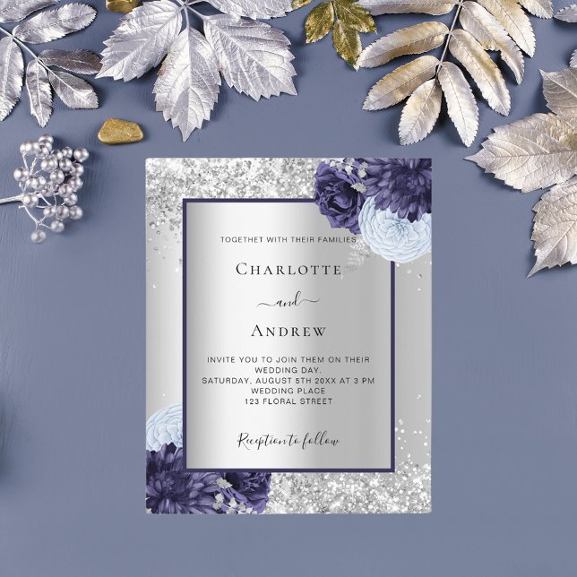 Silver navy blue floral wedding invitation (Creator Uploaded)