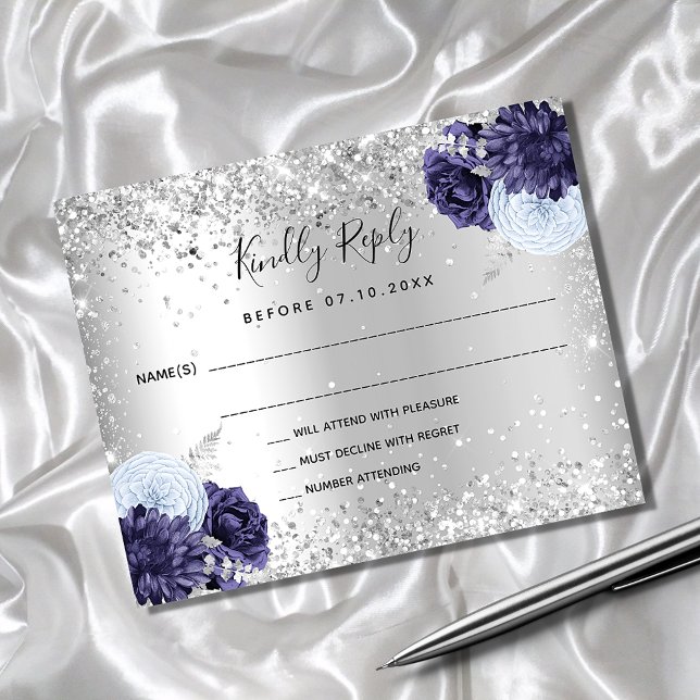 Silver navy blue florals budget wedding RSVP card (Creator Uploaded)