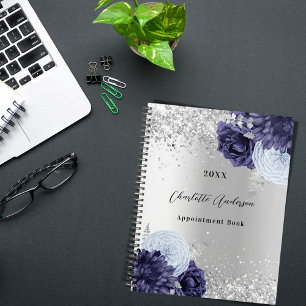 Silver navy blue florals elegant glamourous 2023 planner