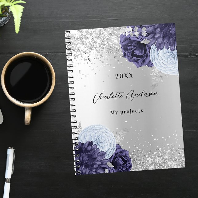 Silver navy blue florals elegant glamourous notebook (Creator Uploaded)