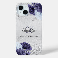 Silver navy blue florals elegant monogram name