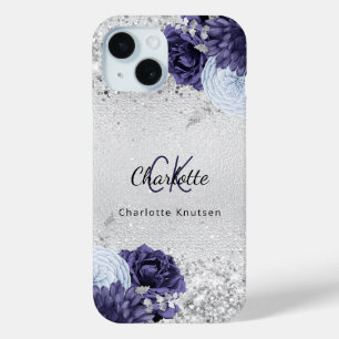 Silver navy blue florals elegant monogram name iPhone 15 case