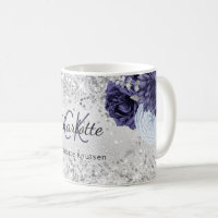Silver navy blue florals elegant monogram name