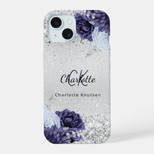 Silver navy blue florals elegant monogram name iPhone 15 case