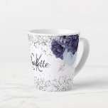 Silver navy blue florals elegant monogram name latte mug<br><div class="desc">A white background decorated with navy blue and light blue florals,  flowers and faux silver glitter,  sparkles. Personalise and add your monogram initials,  first name and full name.</div>
