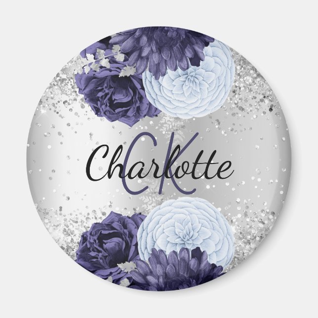 Silver navy blue florals elegant monogram name magnet (Front)