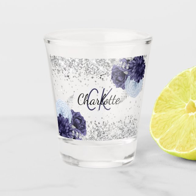 Silver navy blue florals elegant monogram name shot glass (Front)