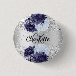 Silver navy blue florals elegant name tag 3 cm round badge