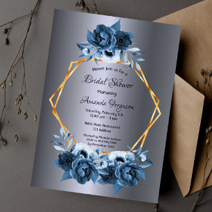 Silver navy Blue florals gold bridal shower Invitation