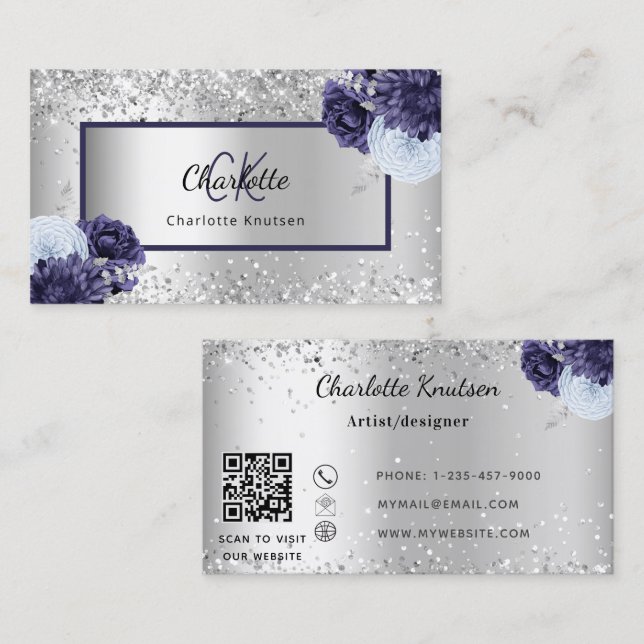Silver navy blue florals monogram QR code Business Card (Front/Back)