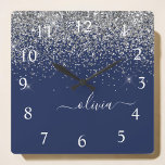 Silver Navy Blue Girly Glitter Sparkle Monogram<br><div class="desc">Silver and Navy Blue Sparkle Glitter Script Monogram Name Clock. This makes the perfect sweet 16 birthday,  wedding,  bridal shower,  anniversary,  baby shower or bachelorette party gift for someone that loves glam luxury and chic styles.</div>