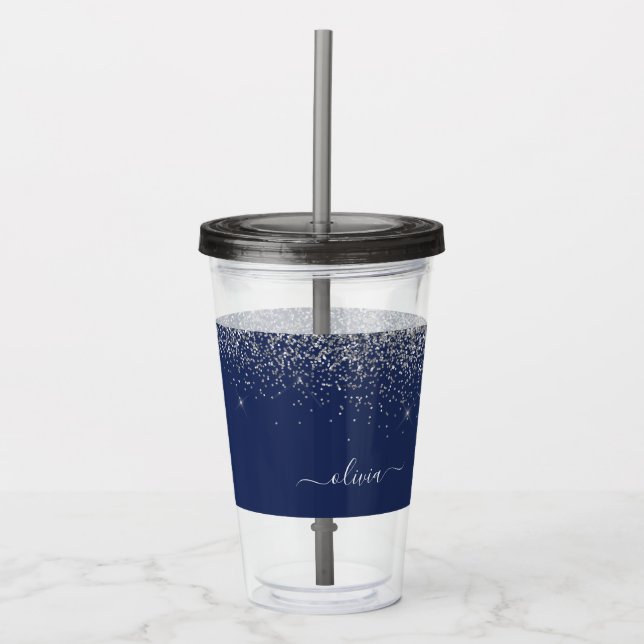 Silver Navy Blue Girly Glitter Sparkle Monogram Acrylic Tumbler (Front)