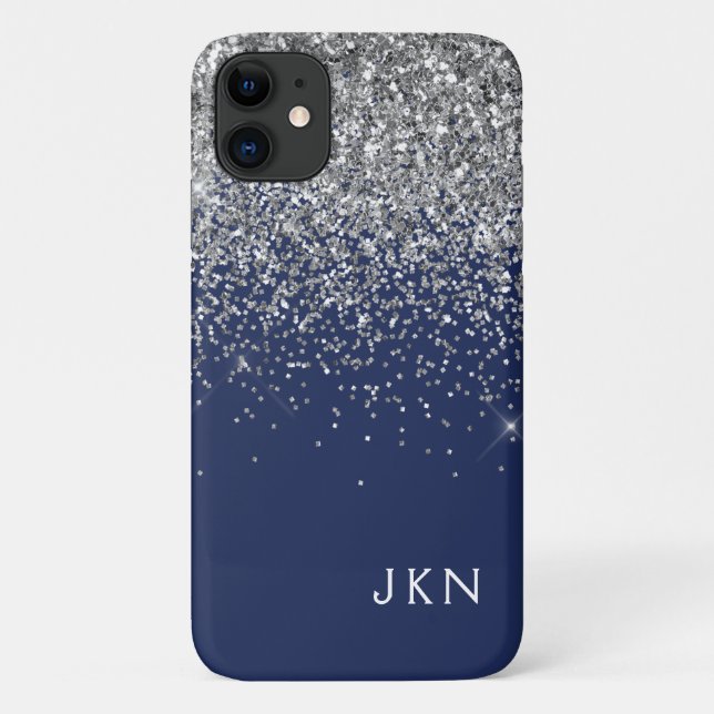 Silver Navy Blue Girly Glitter Sparkle Monogram Case-Mate iPhone Case (Back)