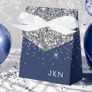 Silver Navy Blue Girly Glitter Sparkle Monogram Favour Box