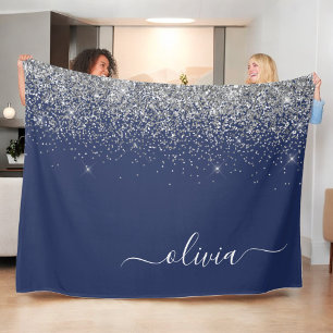Silver Navy Blue Girly Glitter Sparkle Monogram Fleece Blanket