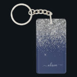 Silver Navy Blue Girly Glitter Sparkle Monogram Key Ring<br><div class="desc">Silver and Navy Blue Sparkle Glitter Script Monogram Name Keychain. This makes the perfect sweet 16 birthday,  wedding,  bridal shower,  anniversary,  baby shower or bachelorette party gift for someone that loves glam luxury and chic styles.</div>