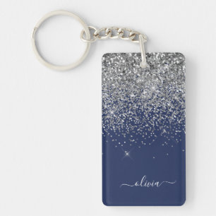 Silver Navy Blue Girly Glitter Sparkle Monogram Key Ring