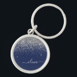 Silver Navy Blue Girly Glitter Sparkle Monogram Key Ring<br><div class="desc">Silver and Navy Blue Sparkle Glitter Script Monogram Name Keychains (Key Chain). This makes the perfect sweet 16 birthday,  wedding,  bridal shower,  anniversary,  baby shower or bachelorette party gift for someone that loves glam luxury and chic styles.</div>