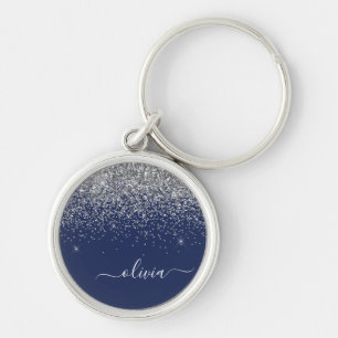 Silver Navy Blue Girly Glitter Sparkle Monogram Key Ring