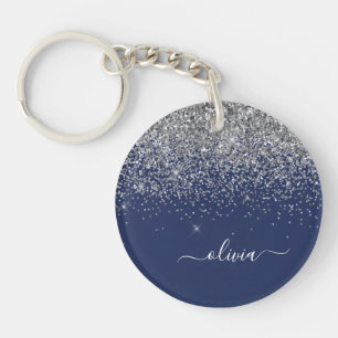 Silver Navy Blue Girly Glitter Sparkle Monogram Key Ring