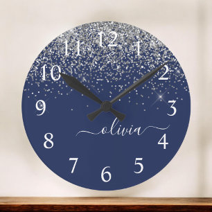 Silver Navy Blue Girly Glitter Sparkle Monogram Large Clock
