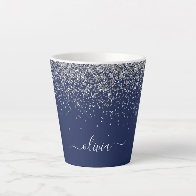 Silver Navy Blue Girly Glitter Sparkle Monogram Latte Mug (Front)