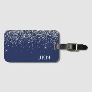 Silver Navy Blue Girly Glitter Sparkle Monogram Luggage Tag