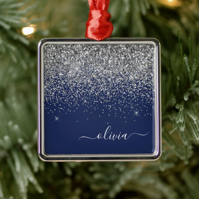 Silver Navy Blue Girly Glitter Sparkle Monogram Metal Tree Decoration (Tree)