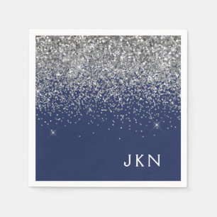 Silver Navy Blue Girly Glitter Sparkle Monogram Napkin