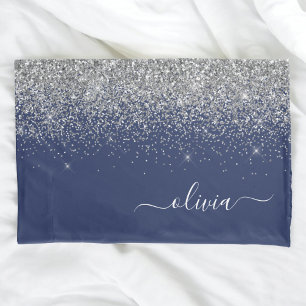 Silver Navy Blue Girly Glitter Sparkle Monogram Pillowcase