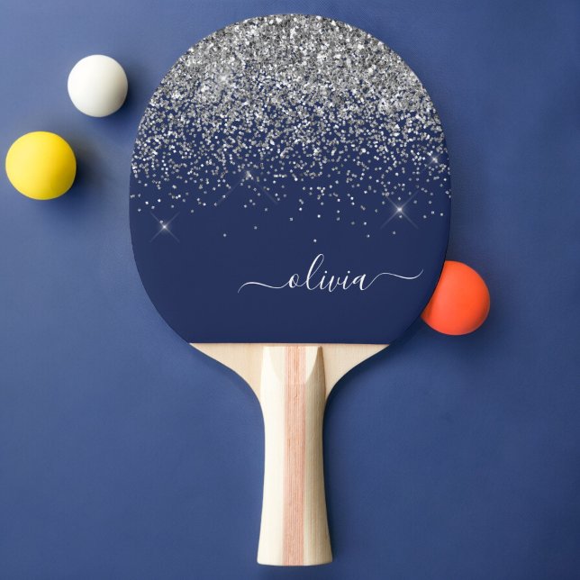 Silver Navy Blue Girly Glitter Sparkle Monogram Ping Pong Paddle (Creator Uploaded)