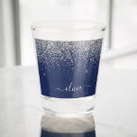 Silver Navy Blue Girly Glitter Sparkle Monogram Shot Glass<br><div class="desc">Navy Blue and Silver Sparkle Glitter Script Monogram Name Shot Glass. This makes the perfect graduation,  sweet 16 birthday,  wedding,  bachelorette party,  bridal shower,  anniversary,  baby shower or bachelorette party gift for someone that loves glam luxury and chic styles.</div>