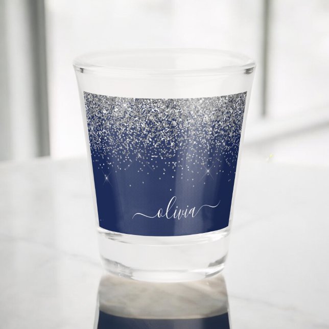 Silver Navy Blue Girly Glitter Sparkle Monogram Shot Glass (Creator Uploaded)