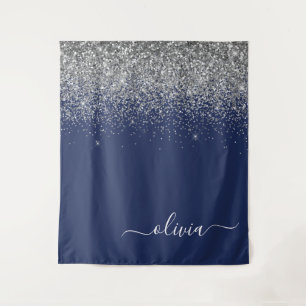 Silver Navy Blue Girly Glitter Sparkle Monogram Tapestry