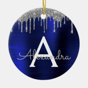 Silver Navy Blue Glitter Brushed Metal Monogram Ceramic Tree Decoration